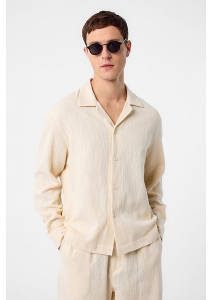 Ekru Dokulu Erkek Gömlek