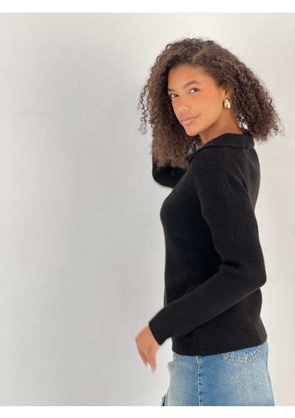 Metal Detaylı V Yaka Uzun Kollu Siyah Kadın Triko Kazak fiyatları
