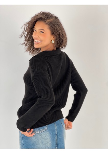 Metal Detaylı V Yaka Uzun Kollu Siyah Kadın Triko Kazak modelleri