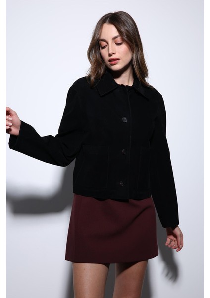 Siyah Torba Cepli Süet Kadın Ceket modelleri