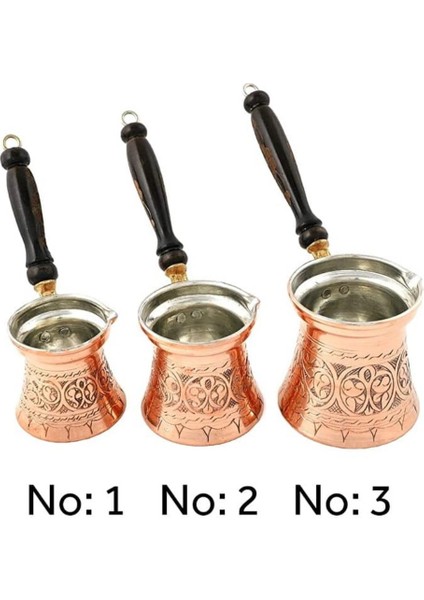 Bakır 3'lü Işlemeli Cezve Takımı Ahşap Saplı 1-2-3 No