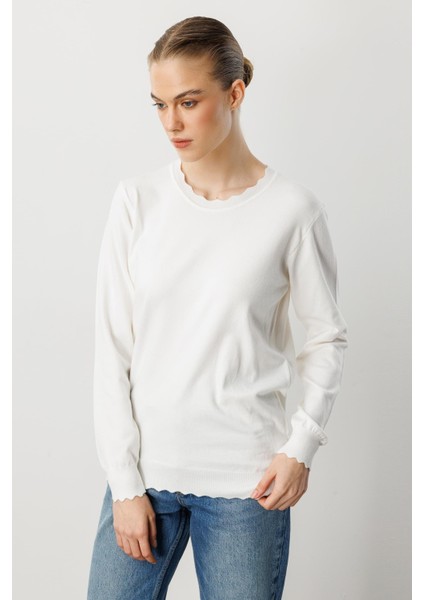 Yuvarlak Yaka Angora Triko Kazak-Ekru