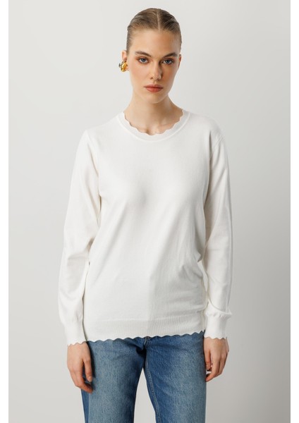 Yuvarlak Yaka Angora Triko Kazak-Ekru fiyatları