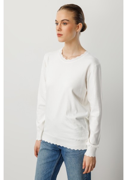 Yuvarlak Yaka Angora Triko Kazak-Ekru fırsatları