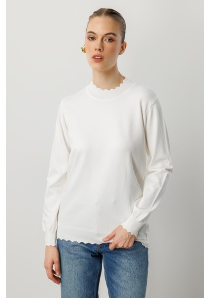 Yarım Balıkçı Angora Triko Kazak-Ekru