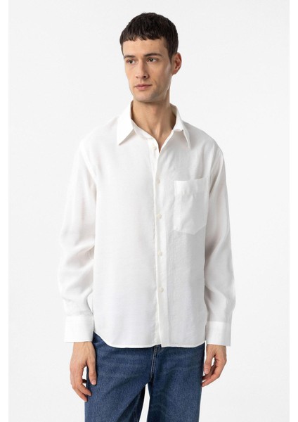 Beyaz Modal Kumaş Relax Fit Erkek Gömlek