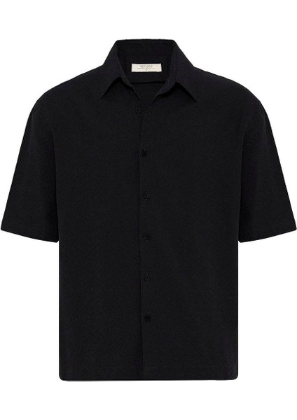 Siyah Pamuklu Relaxed Kısa Kollu Erkek Gömlek