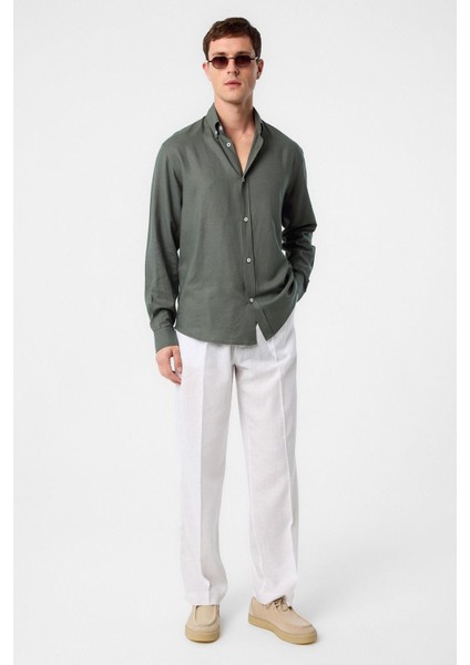 Haki Keten Karışımlı Yaka Düğmeli Erkek Gömlek fiyatları