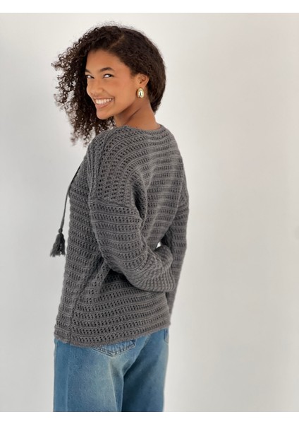 Kadın Bağcıklı V Yaka Antrasit Triko Kazak fiyatları