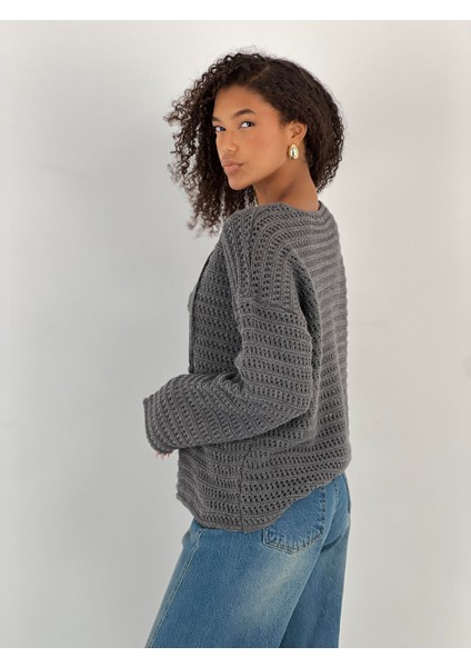 Kadın Bağcıklı V Yaka Antrasit Triko Kazak fırsatları