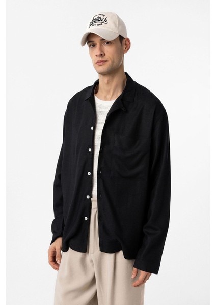 Siyah Keten Karışımlı Relax Fit Erkek Gömlek