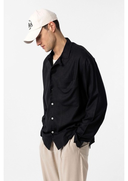 Siyah Keten Karışımlı Relax Fit Erkek Gömlek modelleri