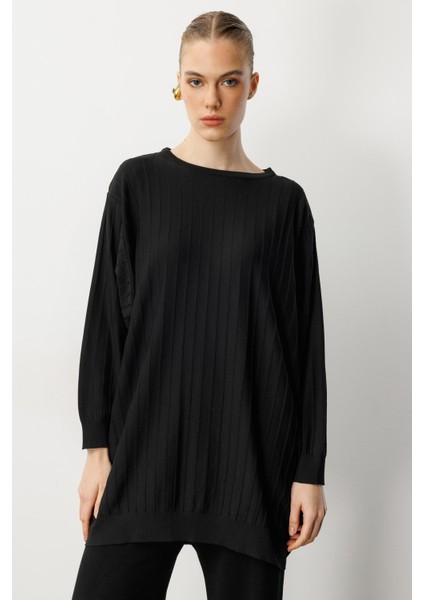 Çizgi Desen Pamuklu Triko Tunik-SİYAH