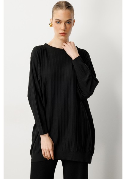 Çizgi Desen Pamuklu Triko Tunik-SİYAH fiyatları