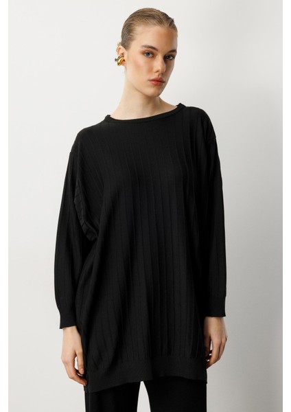 Çizgi Desen Pamuklu Triko Tunik-SİYAH modelleri