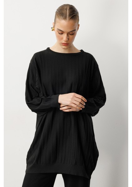 Çizgi Desen Pamuklu Triko Tunik-SİYAH fırsatları