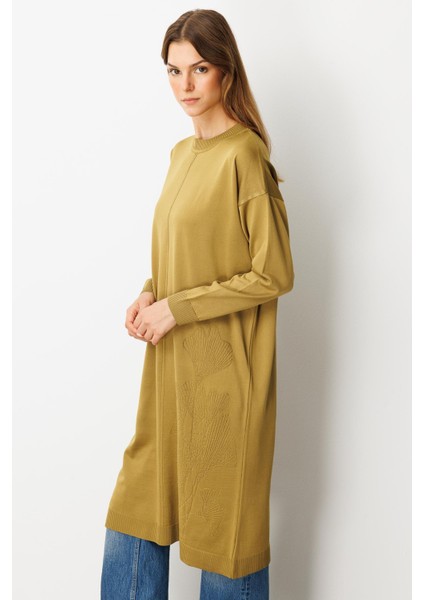 Yuvarlak Yaka Desenli Triko Tunik-Y.yeşili