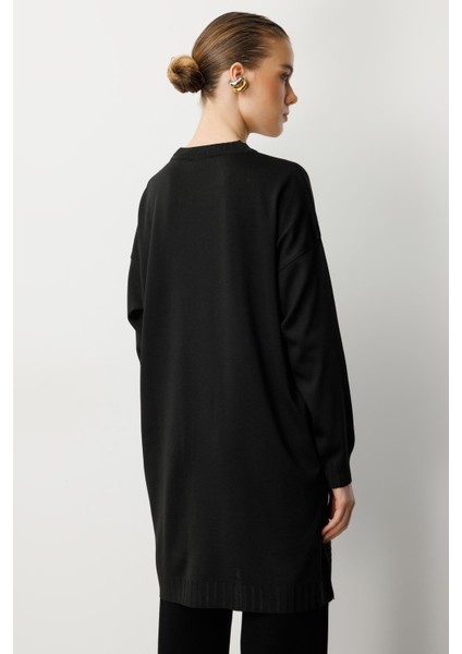 Omzu Düğme Detaylı Triko Tunik-Siyah indirimleri