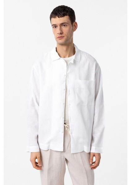 Beyaz Keten Karışımlı Relax Fit Erkek Gömlek