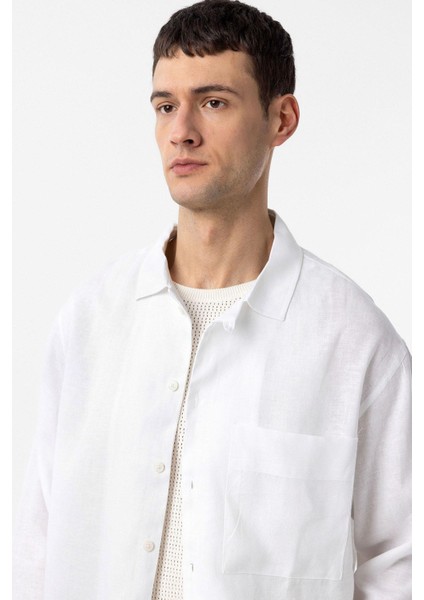 Beyaz Keten Karışımlı Relax Fit Erkek Gömlek fırsatları