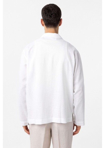 Beyaz Keten Karışımlı Relax Fit Erkek Gömlek