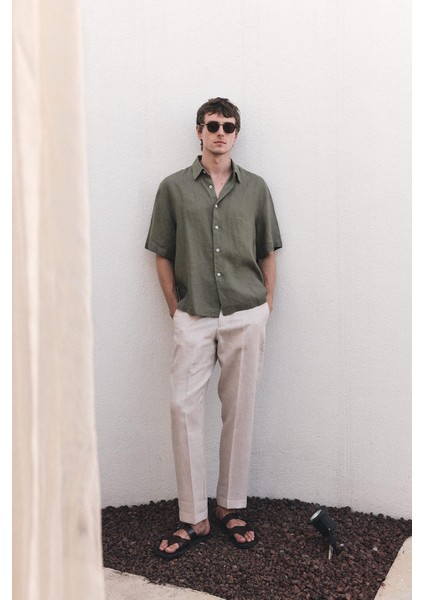 Haki 100% Keten Relaxed Erkek Gömlek