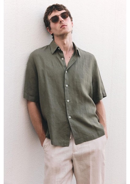 Haki 100% Keten Relaxed Erkek Gömlek fiyatları