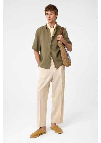 Haki 100% Keten Relaxed Erkek Gömlek modelleri
