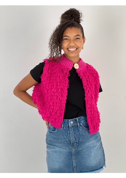 Kadın V Yaka Püsküllü Fuşya Triko Kazak