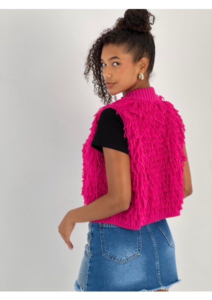 Kadın V Yaka Püsküllü Fuşya Triko Kazak fiyatları