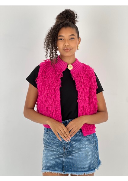 Kadın V Yaka Püsküllü Fuşya Triko Kazak indirimleri