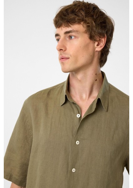 Haki 100% Keten Relaxed Erkek Gömlek