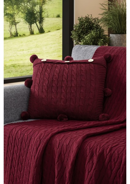 2'li Takım Ponponlu Triko Örme Kırlent Kılıfı & Tv Battaniyesi- Omuz & Koltuk Şalı Seti-Bordo fiyatları