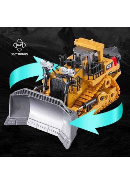 Uzaktan Kumandalı Full Fonksiyon Metal Premium Model Bulldozer, Ekskavatör ve Kamyon 1:16 Ölçek Şarjlı Sesli Işıklı 3 Model (Tam Fonksiyon) (Buldozer)