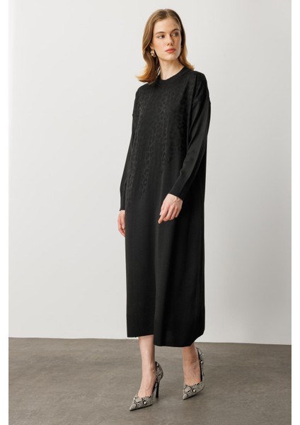 Leopar Desenli Triko Uzun Elbise-Siyah