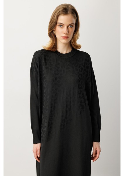 Leopar Desenli Triko Uzun Elbise-Siyah fiyatları
