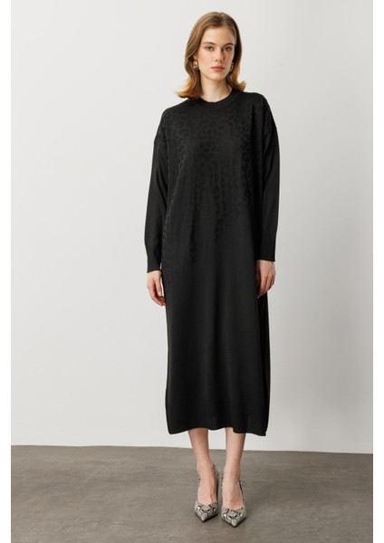 Leopar Desenli Triko Uzun Elbise-Siyah modelleri