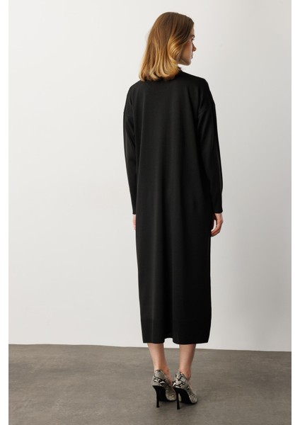 Leopar Desenli Triko Uzun Elbise-Siyah indirimleri