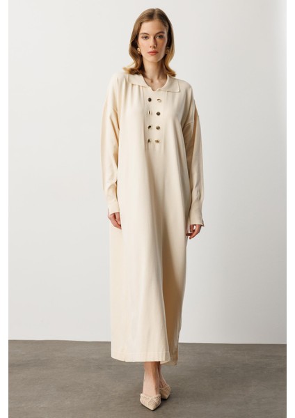 Polo Yaka Düğme Detaylı Uzun Elbise-TAŞ