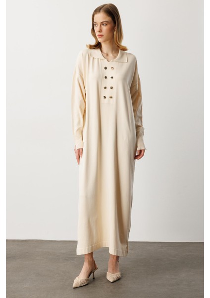 Polo Yaka Düğme Detaylı Uzun Elbise-TAŞ fiyatları