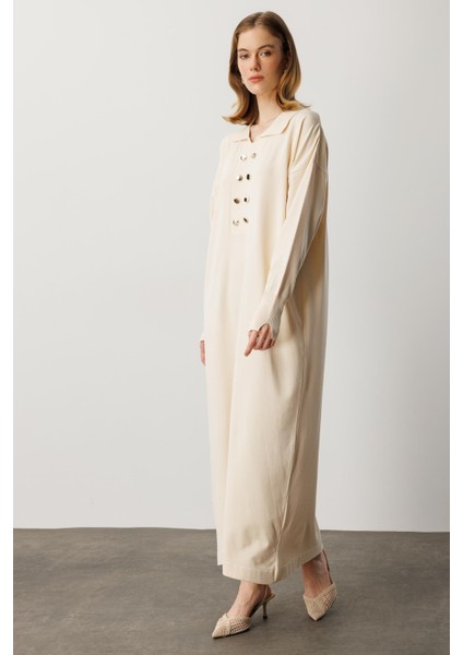 Polo Yaka Düğme Detaylı Uzun Elbise-TAŞ fırsatları