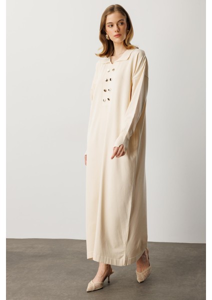 Polo Yaka Düğme Detaylı Uzun Elbise-TAŞ indirimleri
