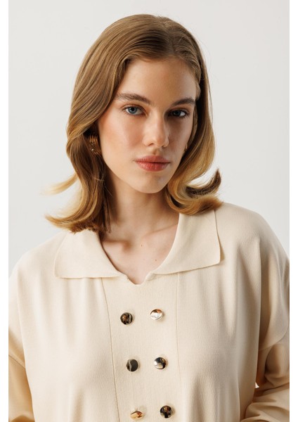 Polo Yaka Düğme Detaylı Uzun Elbise-TAŞ