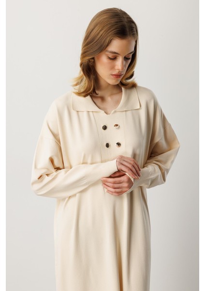 Polo Yaka Düğme Detaylı Uzun Elbise-TAŞ