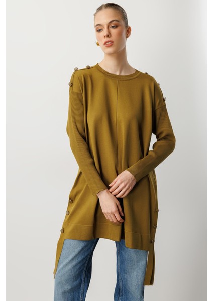 Büyük Beden Düğme Detaylı Triko Tunik-HARDAL fiyatları