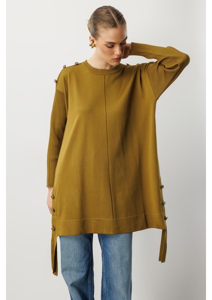 Büyük Beden Düğme Detaylı Triko Tunik-HARDAL fırsatları