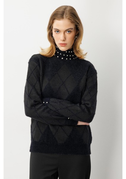 Taş Detaylı Yarım Balıkçı Triko Kazak-SİYAH modelleri