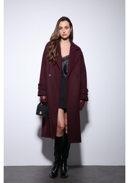 Bordo Kadın Yumuşak Dokulu Oversize Kruvaze Kaban