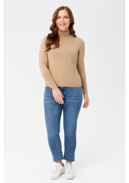 Büyük Beden Tam Balıkçı Basic Triko Kazak-CAMEL