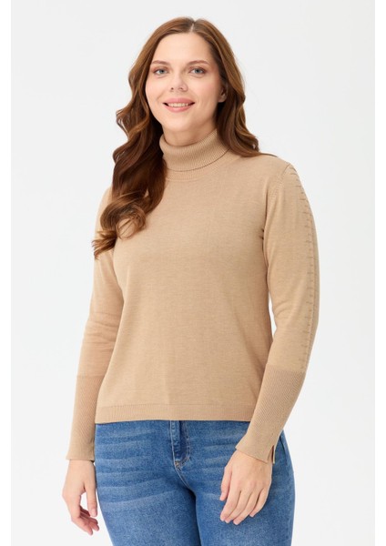 Büyük Beden Tam Balıkçı Basic Triko Kazak-CAMEL fiyatları